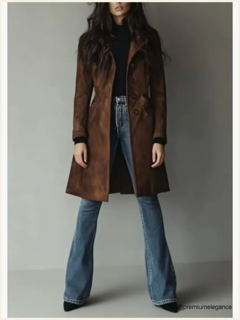 Long Suede Trench Coat Single Breasted Faux Leather Overcoat with Pockets - Picture 6 of 7